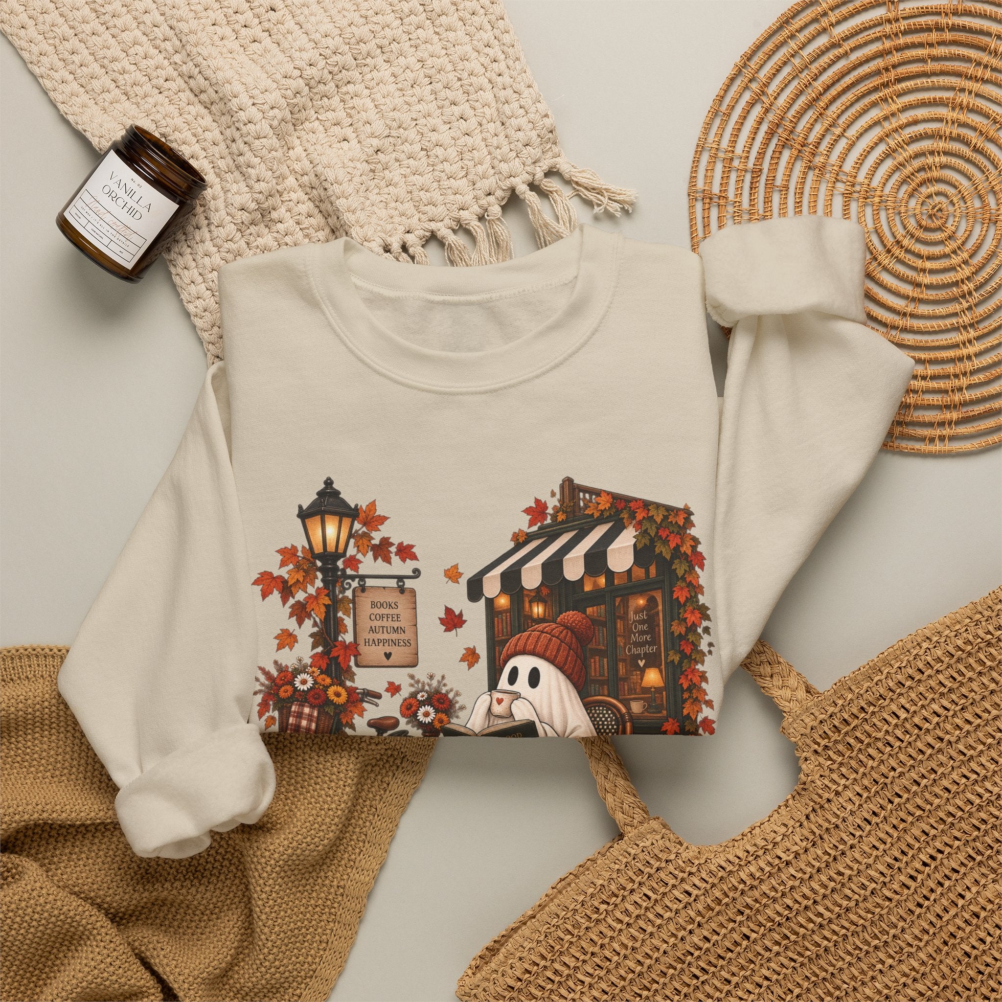 Autumn Ghost Café Sweatshirt — Cozy Fall Pumpkin Patch Crewneck