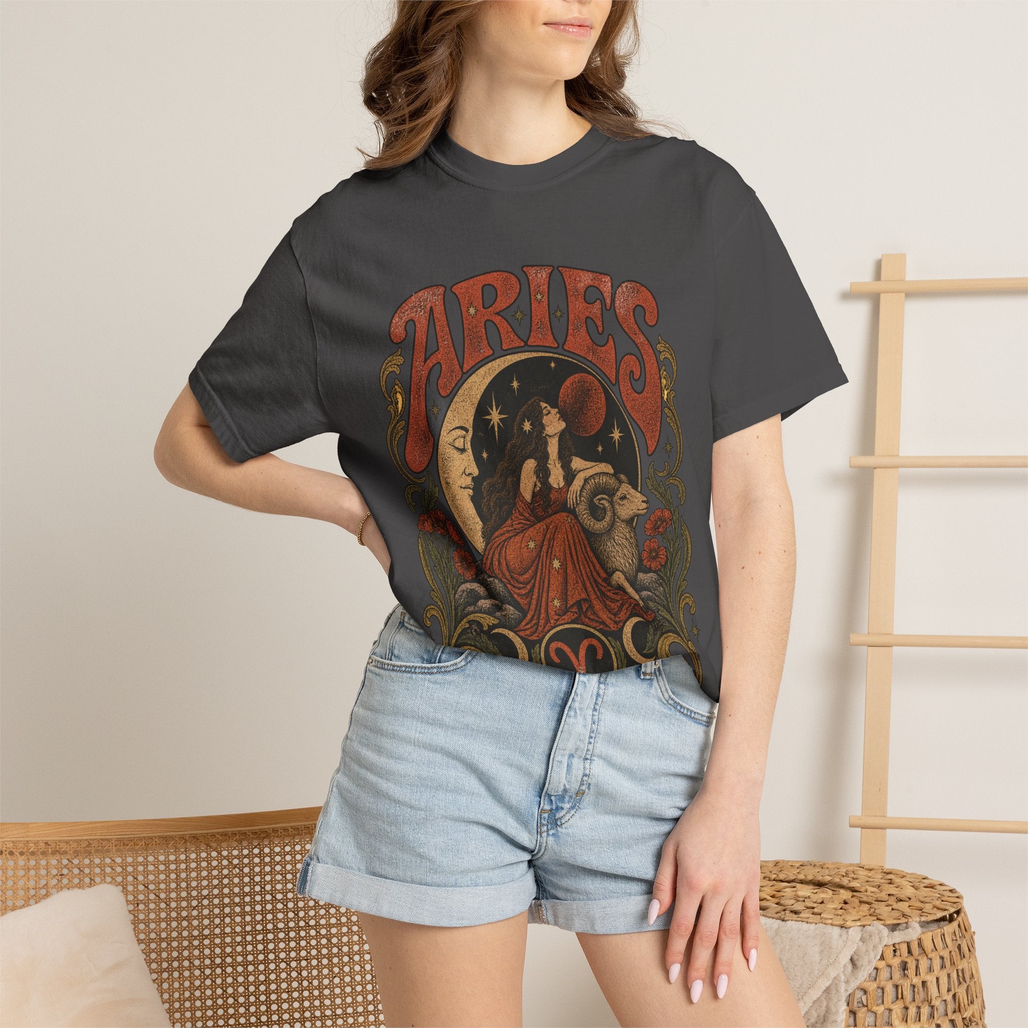 Aries Zodiac T‑Shirt — Vintage Moon & Ram Astrology Tee