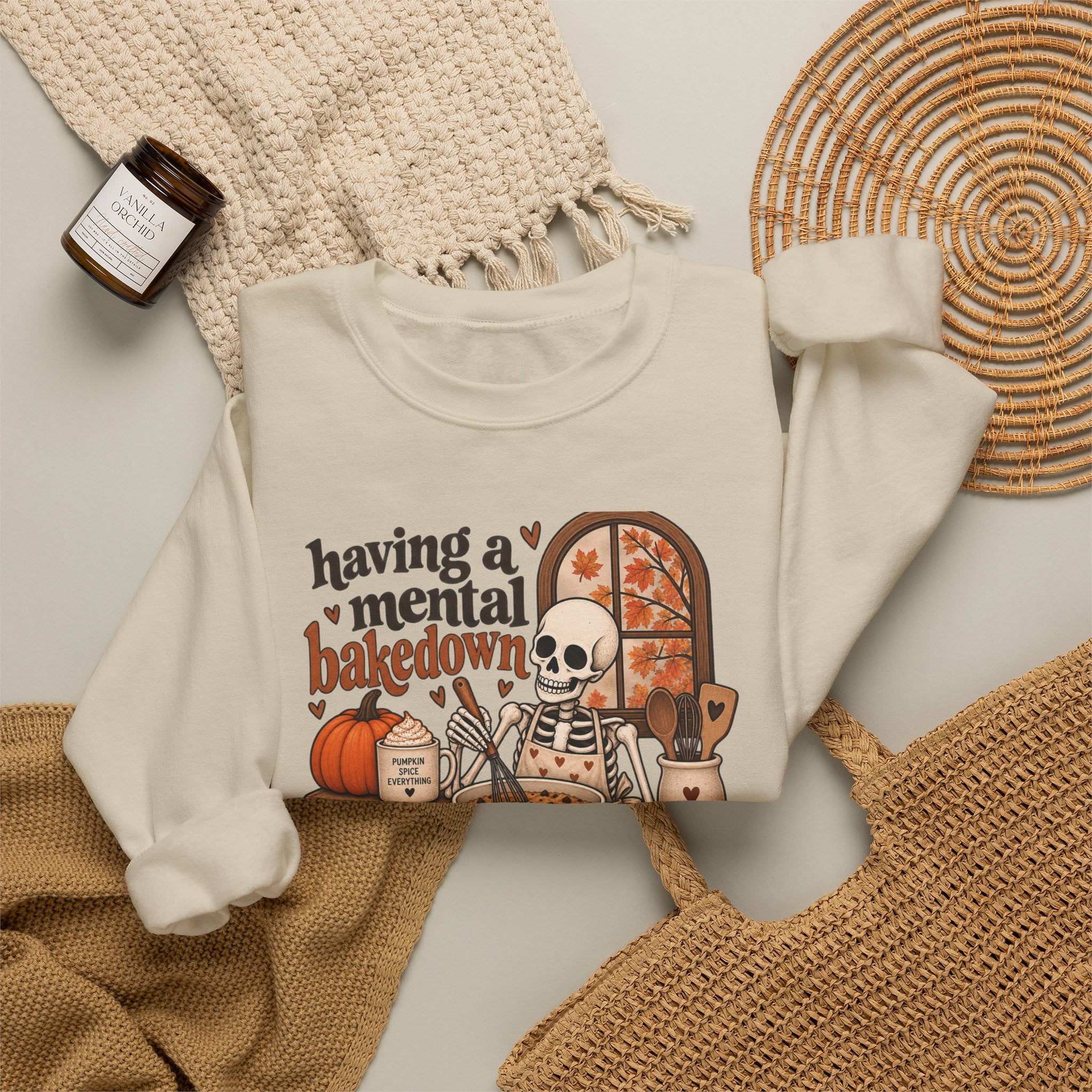 Fall Baking Skeleton Sweatshirt – “Having a Mental Bakedown” Cozy Halloween Crewneck