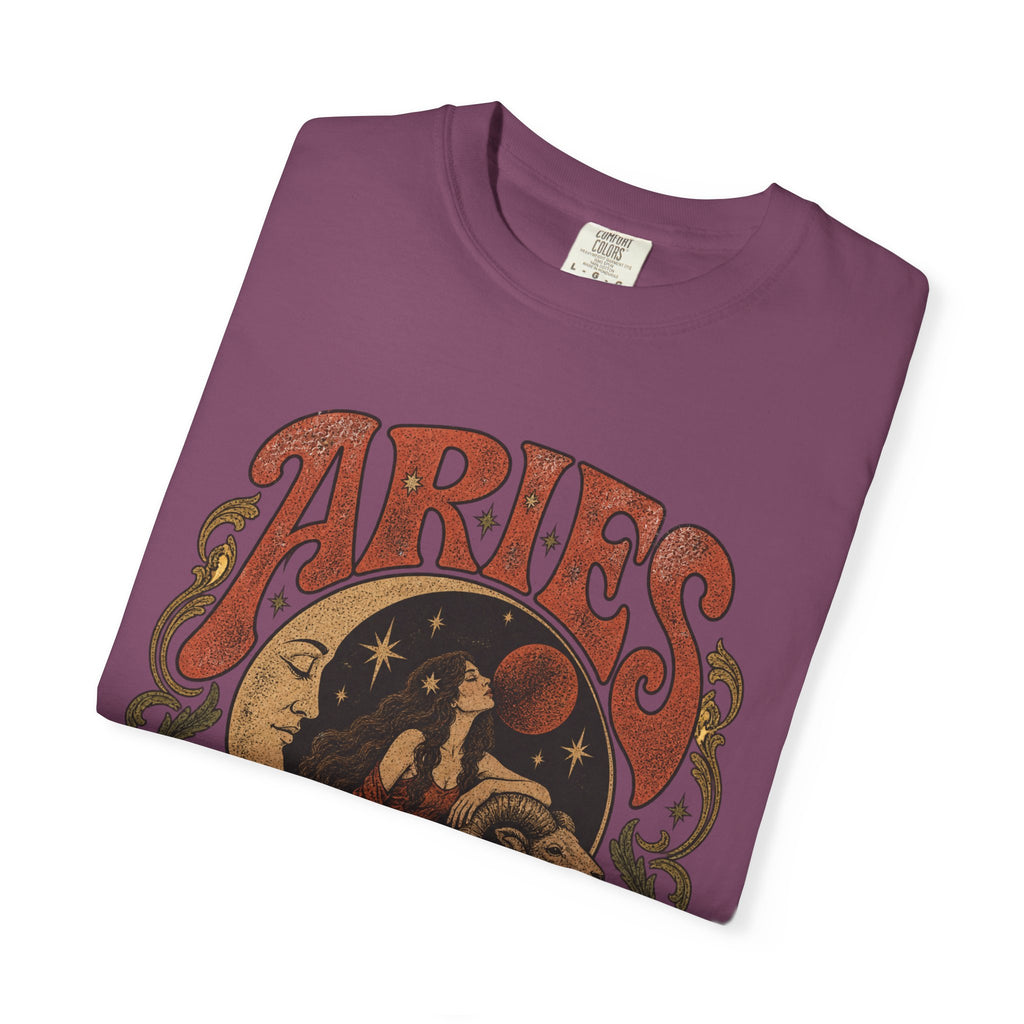 Aries Zodiac T‑Shirt — Vintage Moon & Ram Astrology Tee