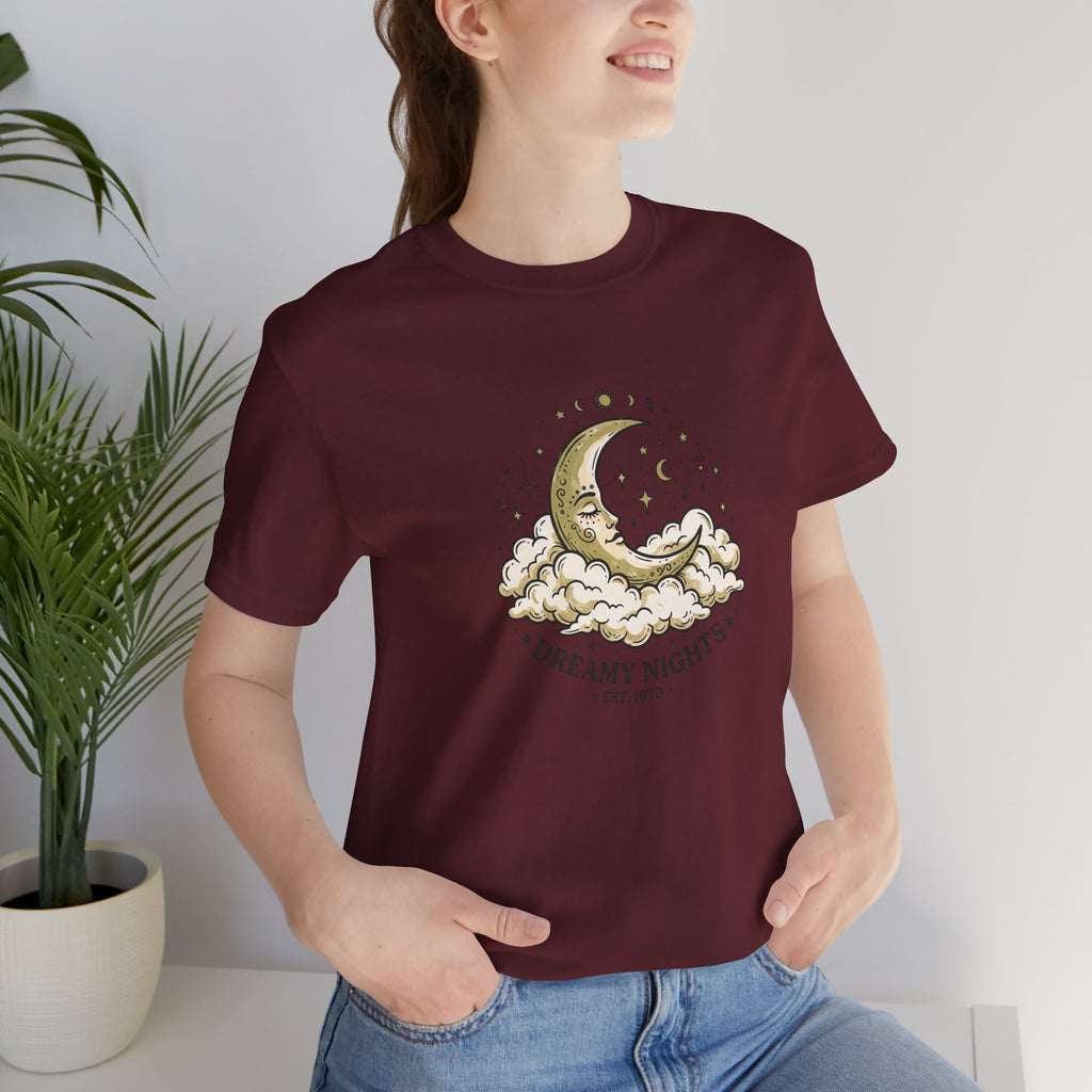 Dreamy Nights Moon Tee — Vintage Crescent Moon & Clouds Shirt
