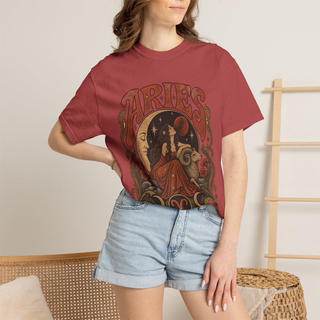 Aries Zodiac T‑Shirt — Vintage Moon & Ram Astrology Tee