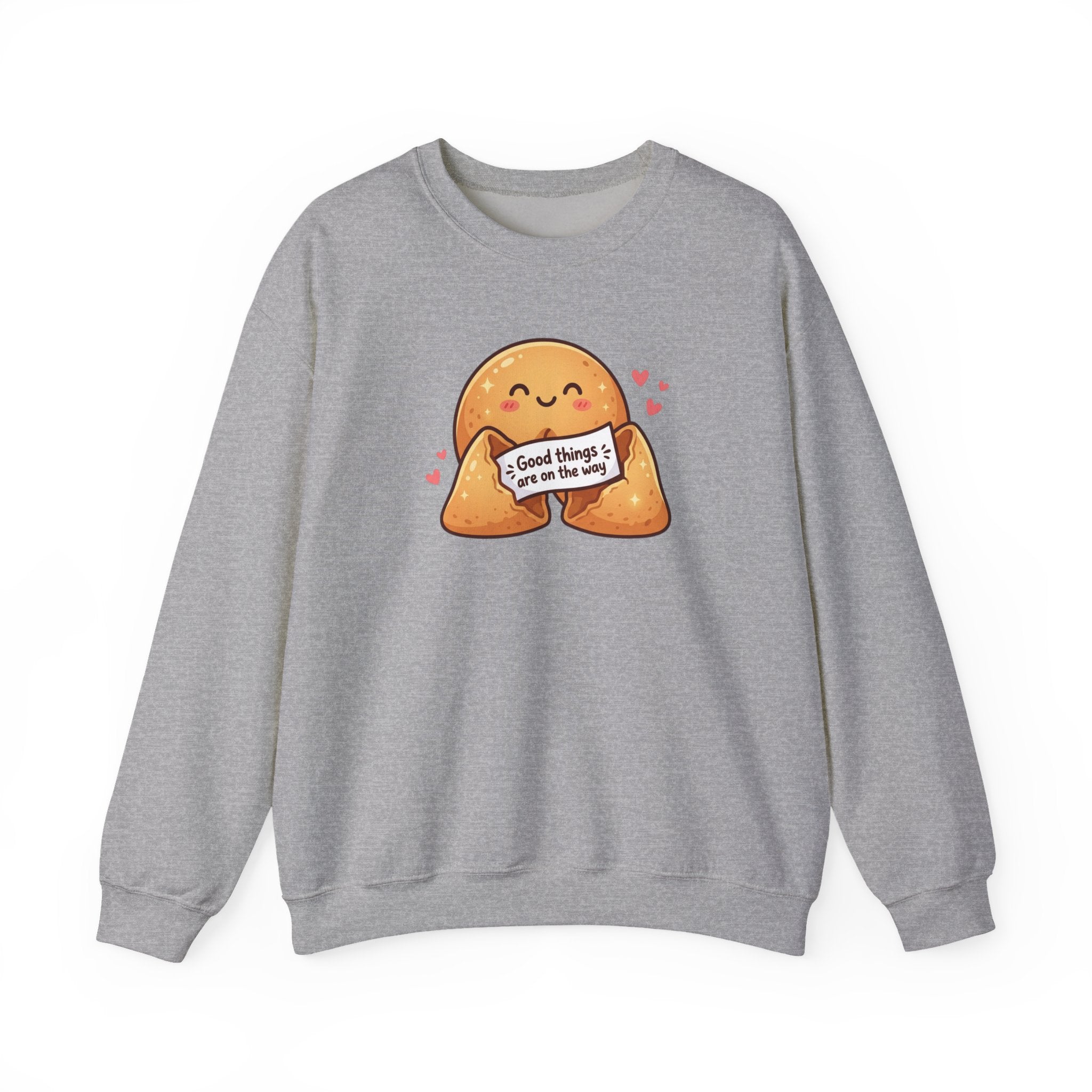 Crewneck Sweatshirt — Cute Fortune Cookie Graphic “Good Things Are On The Way”