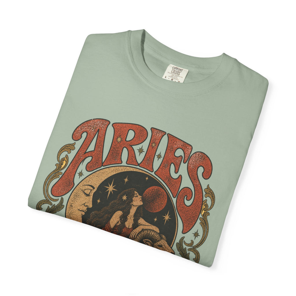 Aries Zodiac T‑Shirt — Vintage Moon & Ram Astrology Tee