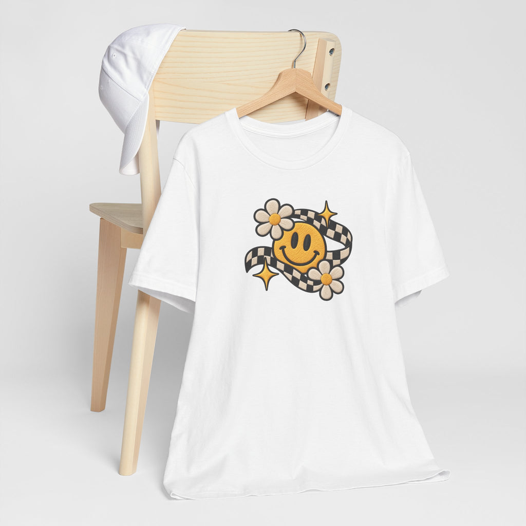 Smiley Flower Checkerboard Tee — Retro Happy Face Graphic T-Shirt