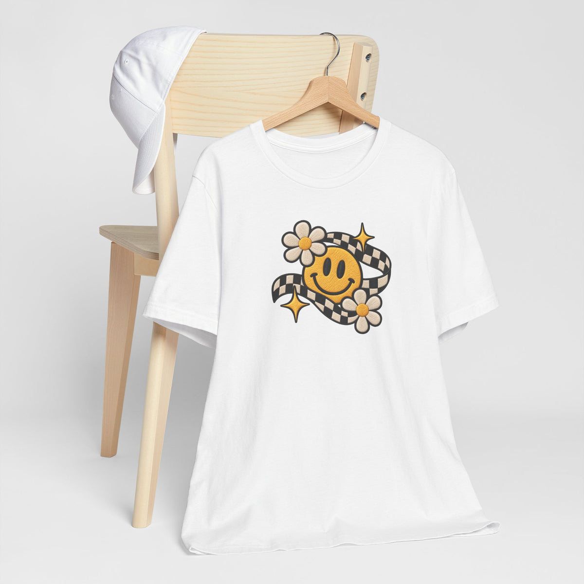 Smiley Flower Checkerboard Tee — Retro Happy Face Graphic T-Shirt