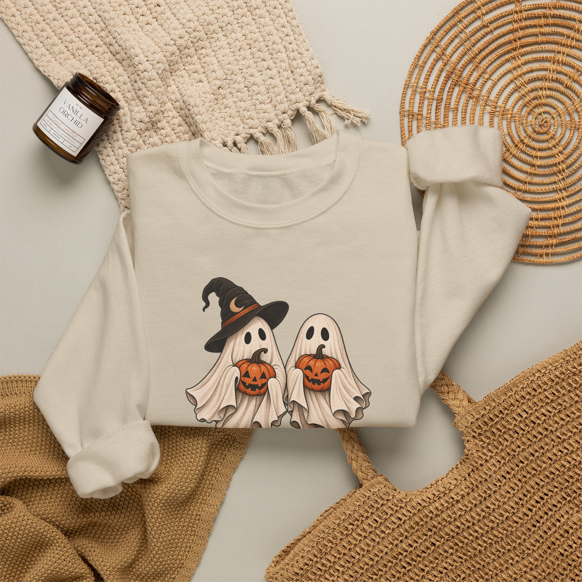 Halloween Ghosts Crewneck Sweatshirt — Cute Witch & Ghost Trick-or-Treat Design