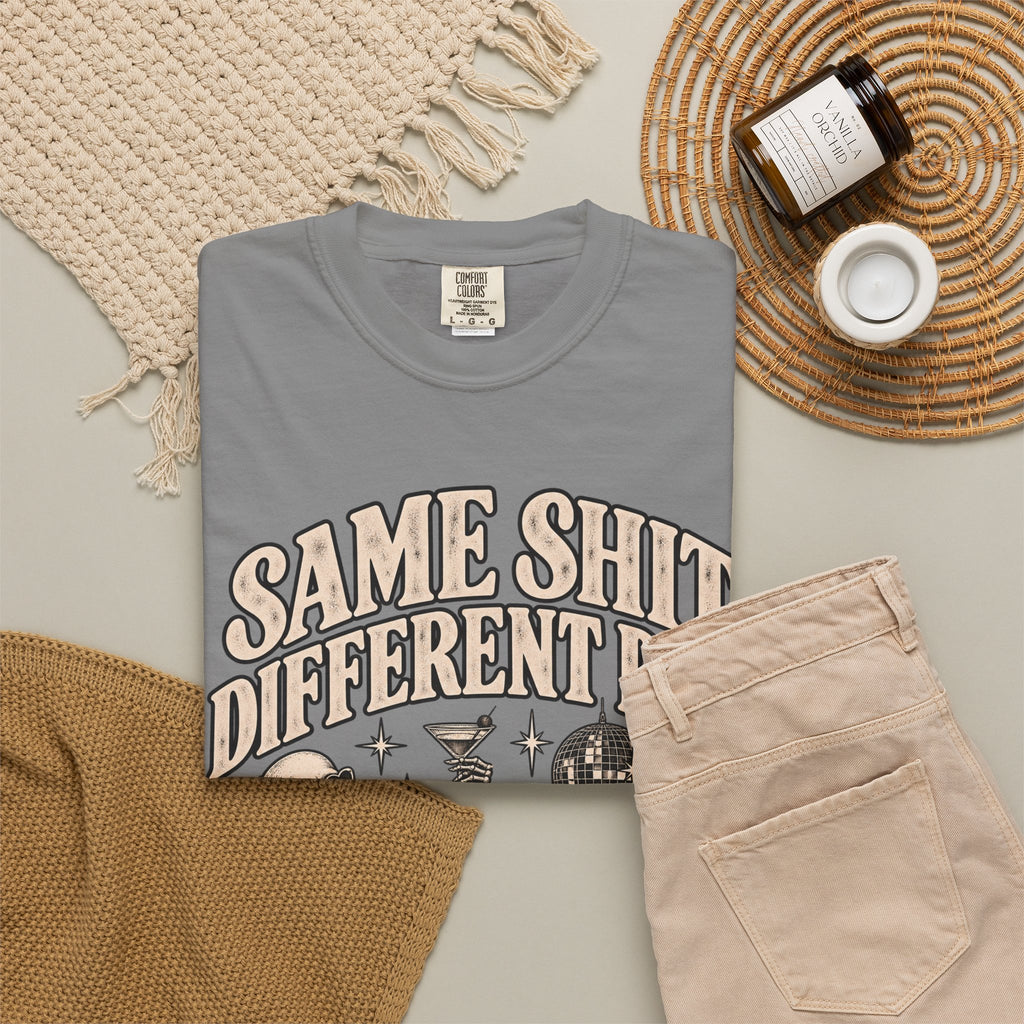 Same Shit Different Day Tee — Retro Skeleton Disco Graphic T-Shirt