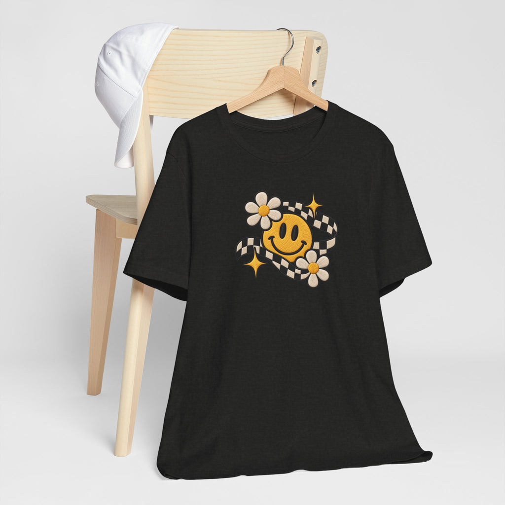 Smiley Flower Checkerboard Tee — Retro Happy Face Graphic T-Shirt