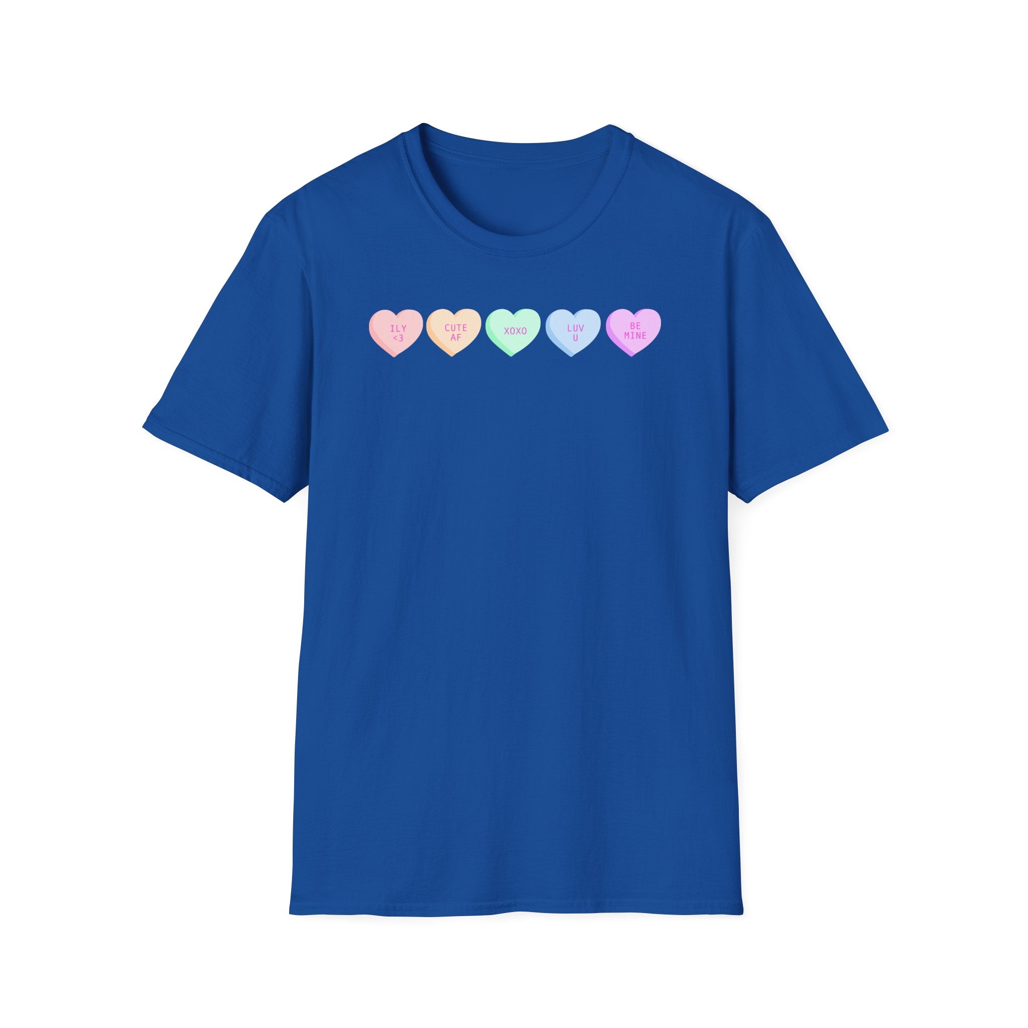 Conversation Heart Candy T-Shirt — Pastel ‘Be Mine, Cute AF, XOXO, Luv U’ Graphic