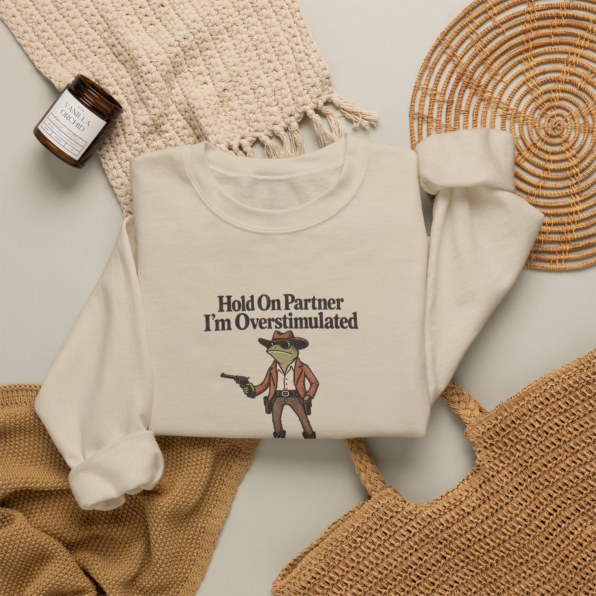 Crewneck Sweatshirt — "Hold On Partner I'm Overstimulated" Cowboy Graphic