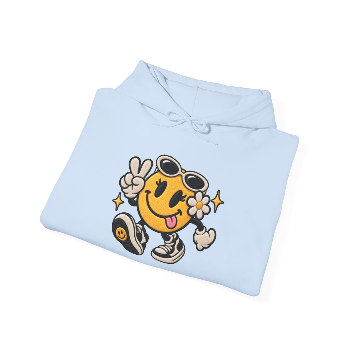 Smiley Peace Vibes Hoodie – Retro Dancing Smiley with Sunglasses