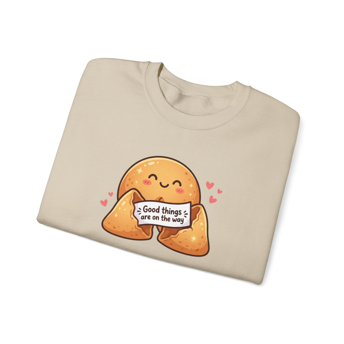 Crewneck Sweatshirt — Cute Fortune Cookie Graphic “Good Things Are On The Way”