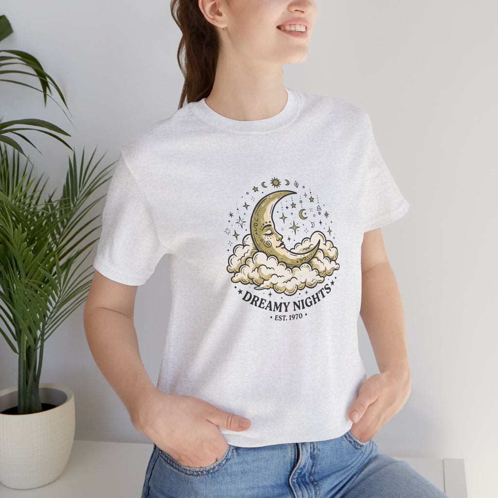 Dreamy Nights Moon Tee — Vintage Crescent Moon & Clouds Shirt