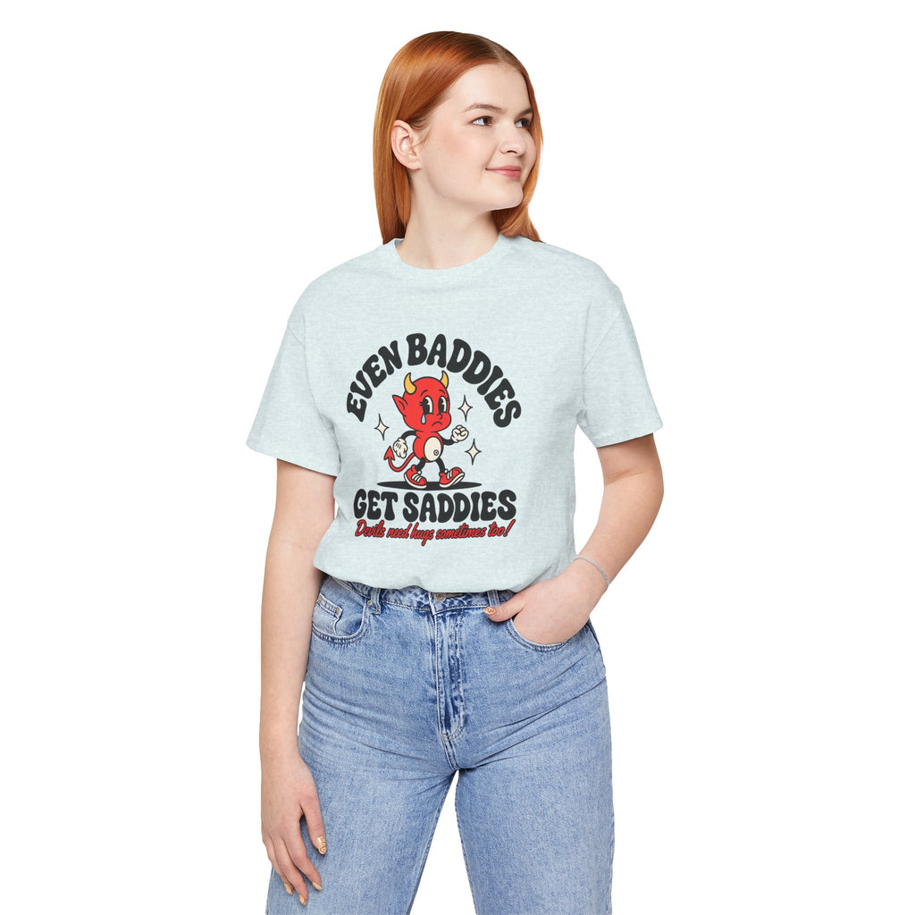 Graphic Tee — "Even Baddies Get Saddles" Cute Devil Skate T-Shirt
