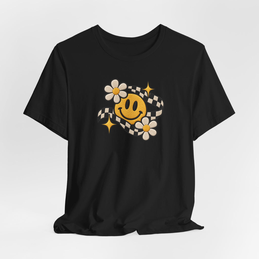 Smiley Flower Checkerboard Tee — Retro Happy Face Graphic T-Shirt