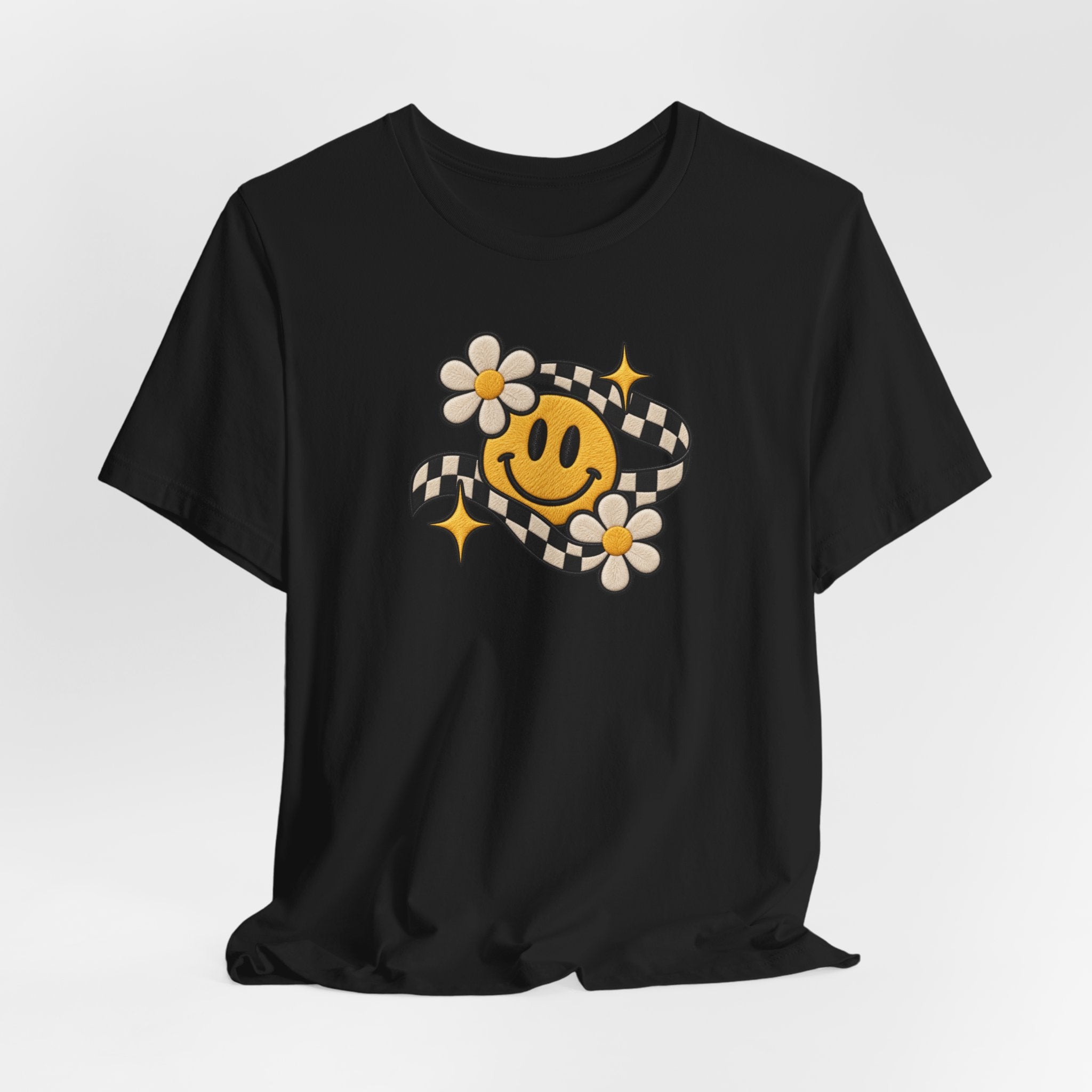 Smiley Flower Checkerboard Tee — Retro Happy Face Graphic T-Shirt