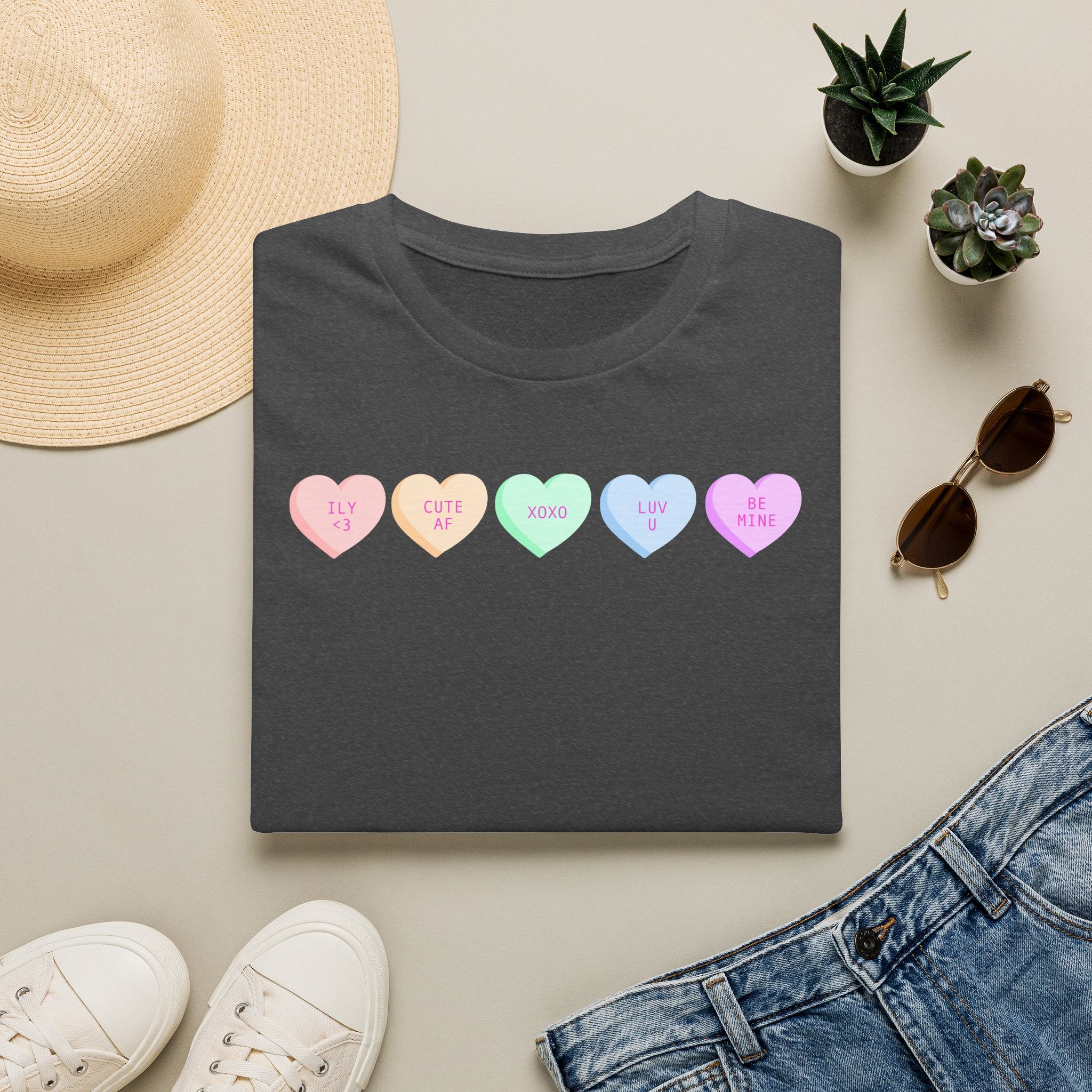 Conversation Heart Candy T-Shirt — Pastel ‘Be Mine, Cute AF, XOXO, Luv U’ Graphic
