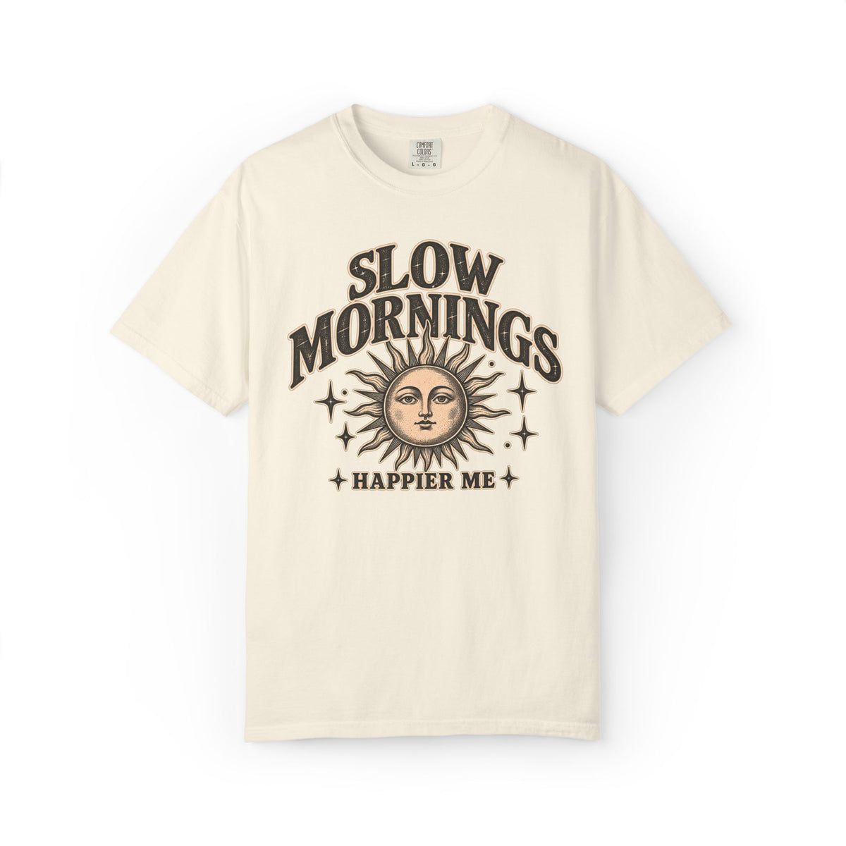 Slow Mornings Tee — Retro Sunrise Garment-Dyed Graphic T-Shirt