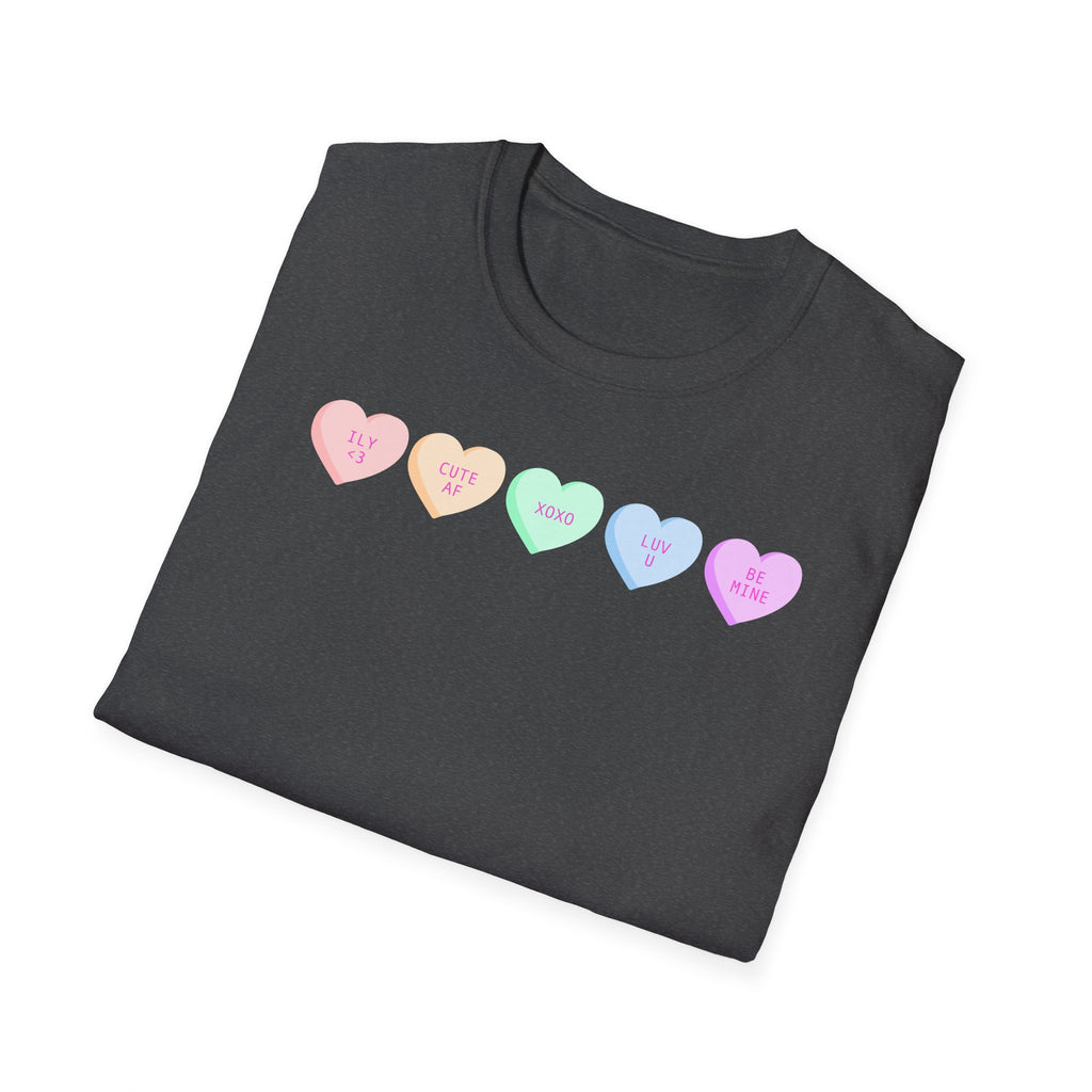 Conversation Heart Candy T-Shirt — Pastel ‘Be Mine, Cute AF, XOXO, Luv U’ Graphic