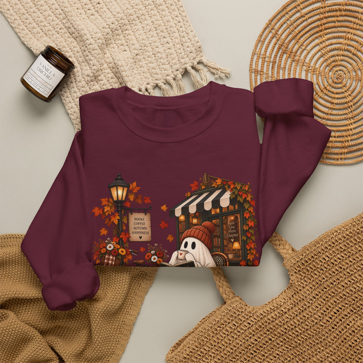 Autumn Ghost Café Sweatshirt — Cozy Fall Pumpkin Patch Crewneck