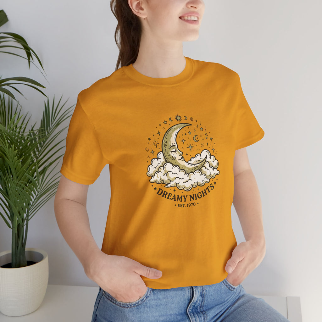 Dreamy Nights Moon Tee — Vintage Crescent Moon & Clouds Shirt