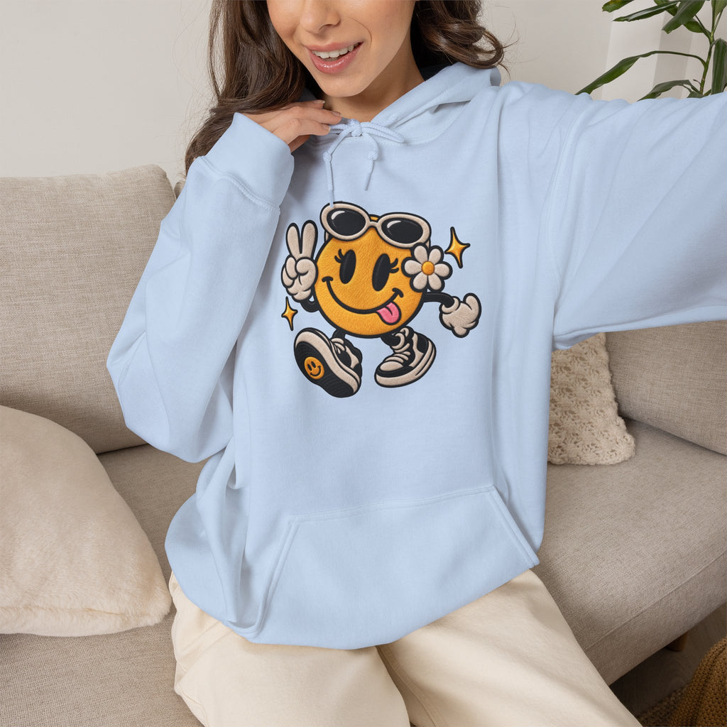 Smiley Peace Vibes Hoodie – Retro Dancing Smiley with Sunglasses