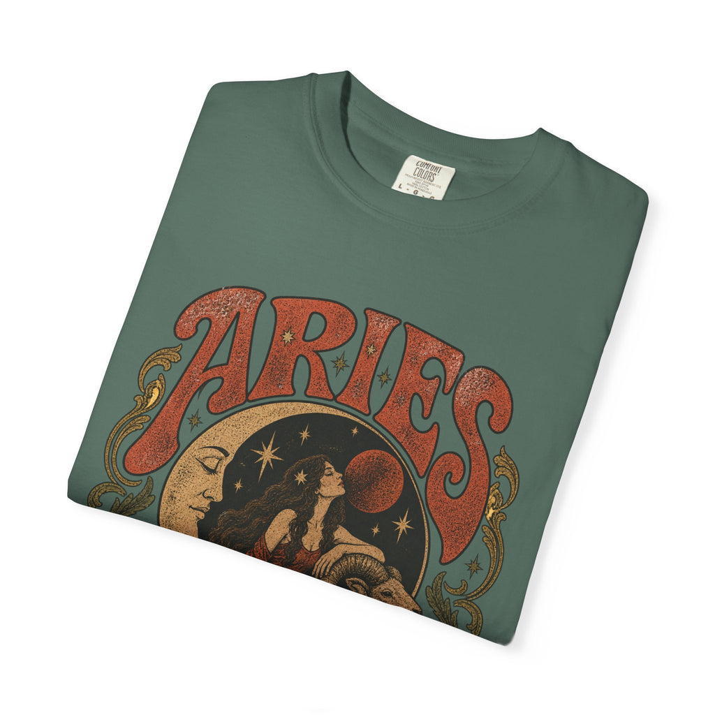 Aries Zodiac T‑Shirt — Vintage Moon & Ram Astrology Tee
