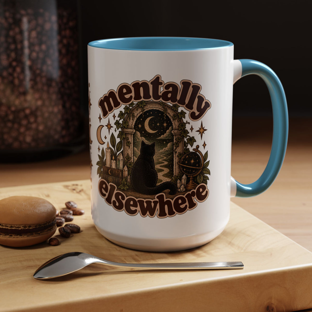 Mentally Elsewhere Mug — Black Cat Celestial Ceramic Coffee Mug