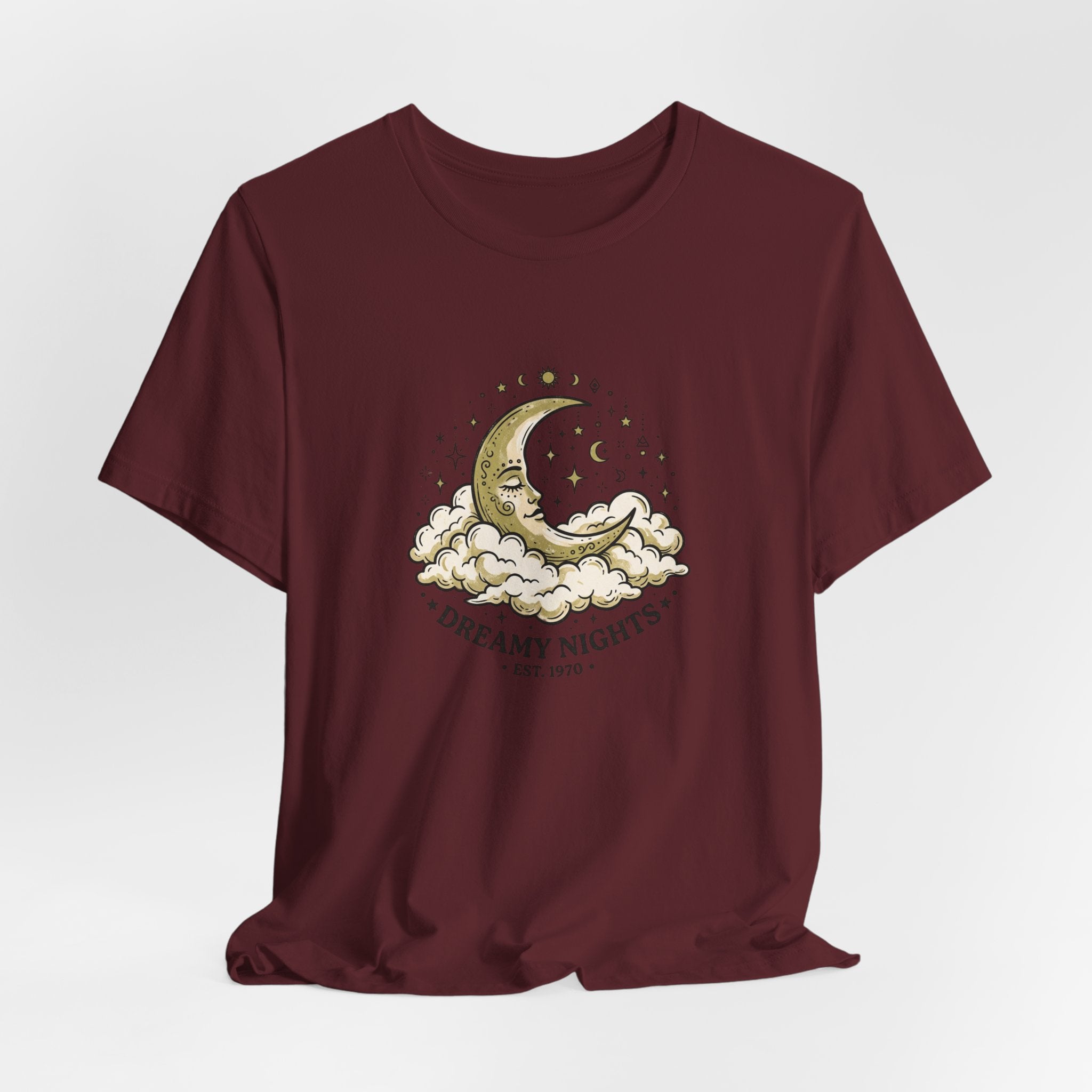 Dreamy Nights Moon Tee — Vintage Crescent Moon & Clouds Shirt