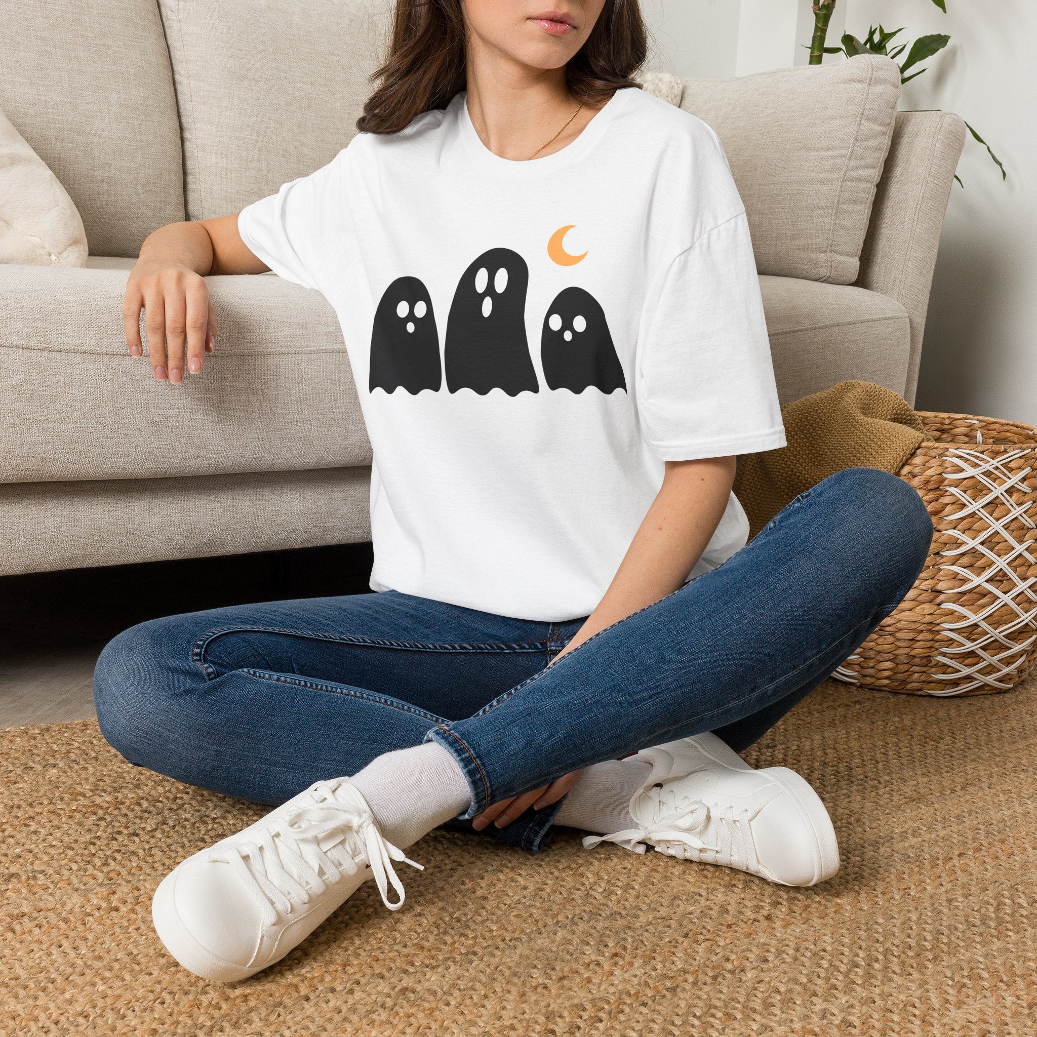 Ghost Trio T-Shirt — Cute Halloween Ghosts with Crescent Moon