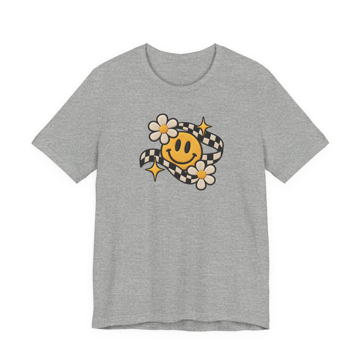 Smiley Flower Checkerboard Tee — Retro Happy Face Graphic T-Shirt