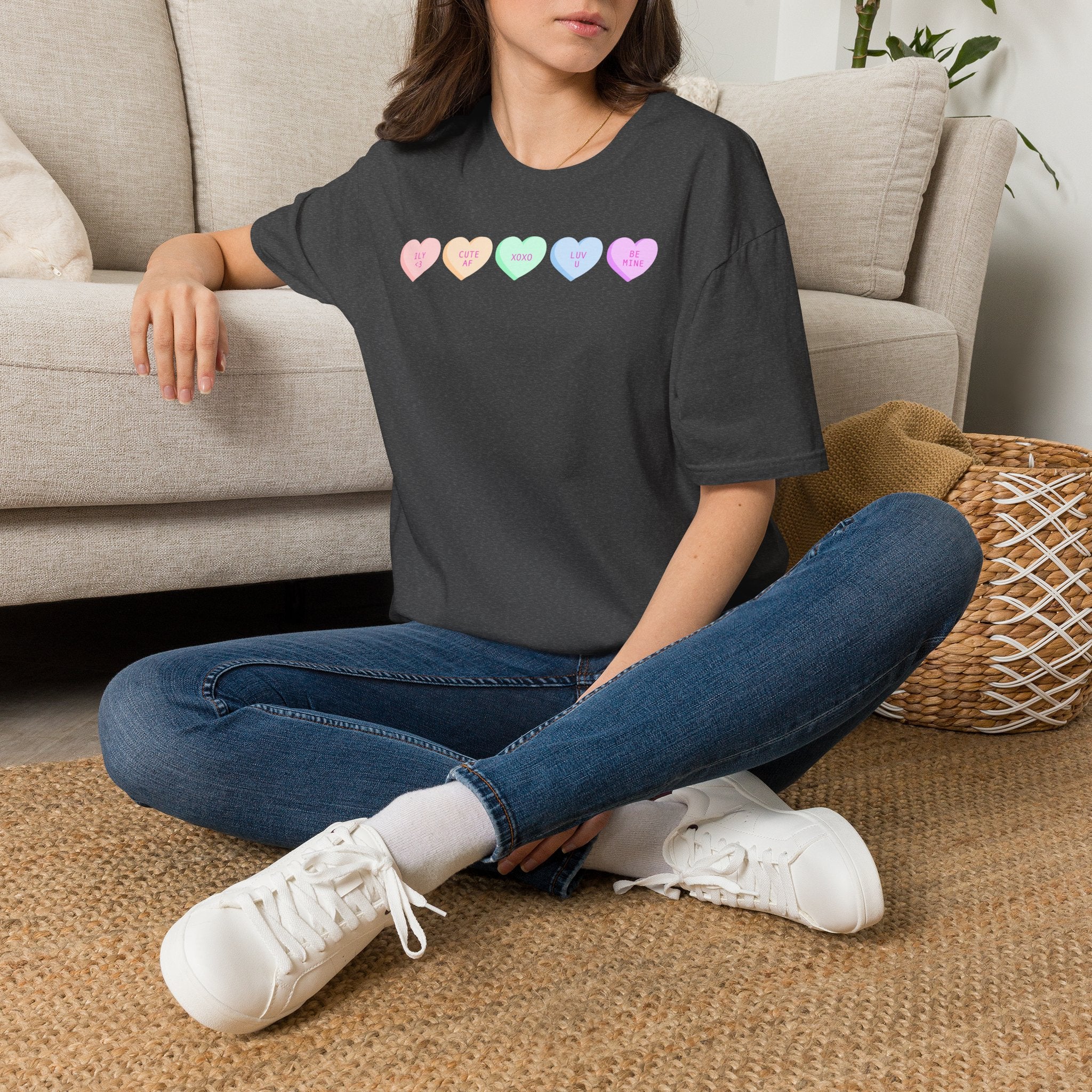 Conversation Heart Candy T-Shirt — Pastel ‘Be Mine, Cute AF, XOXO, Luv U’ Graphic