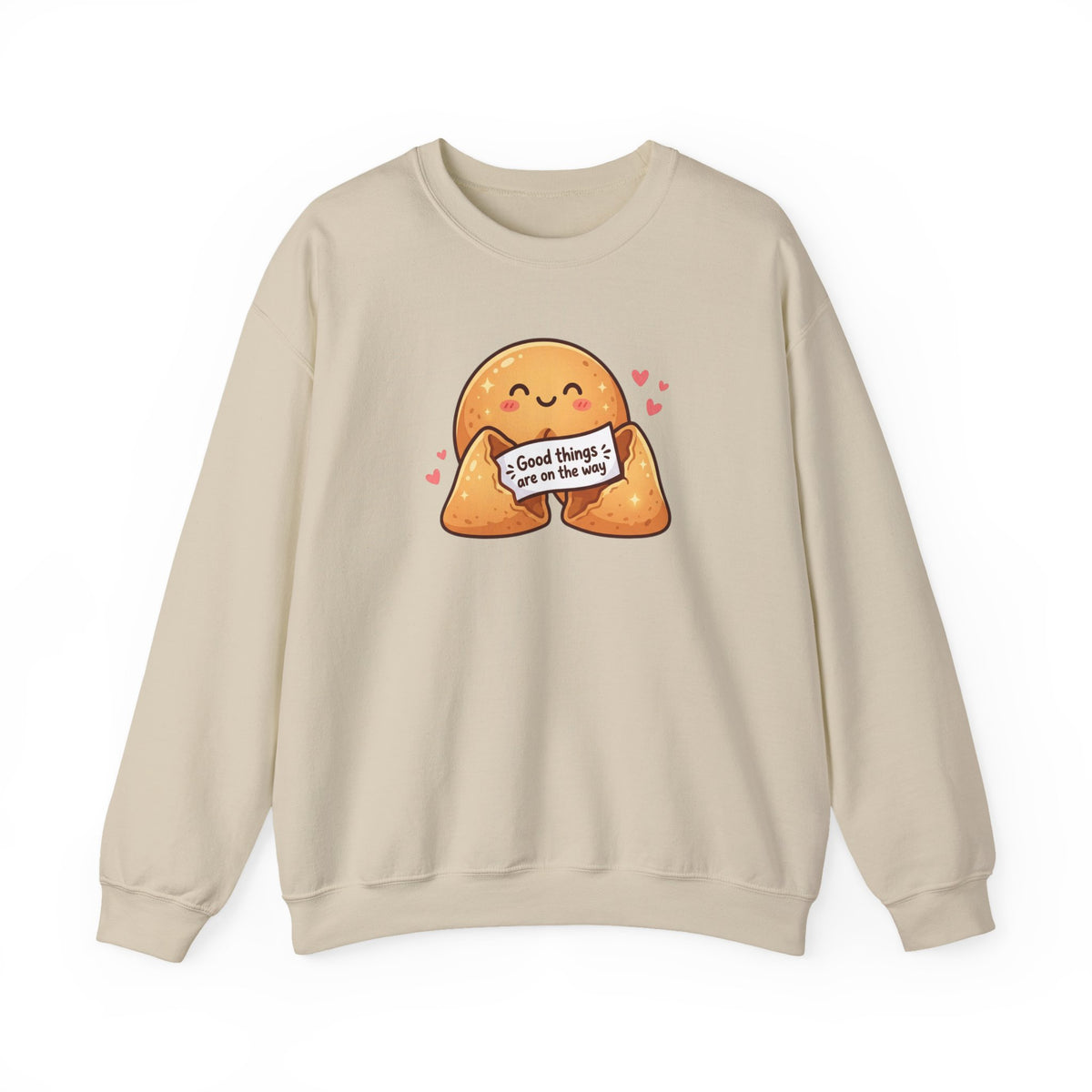 Crewneck Sweatshirt — Cute Fortune Cookie Graphic “Good Things Are On The Way”