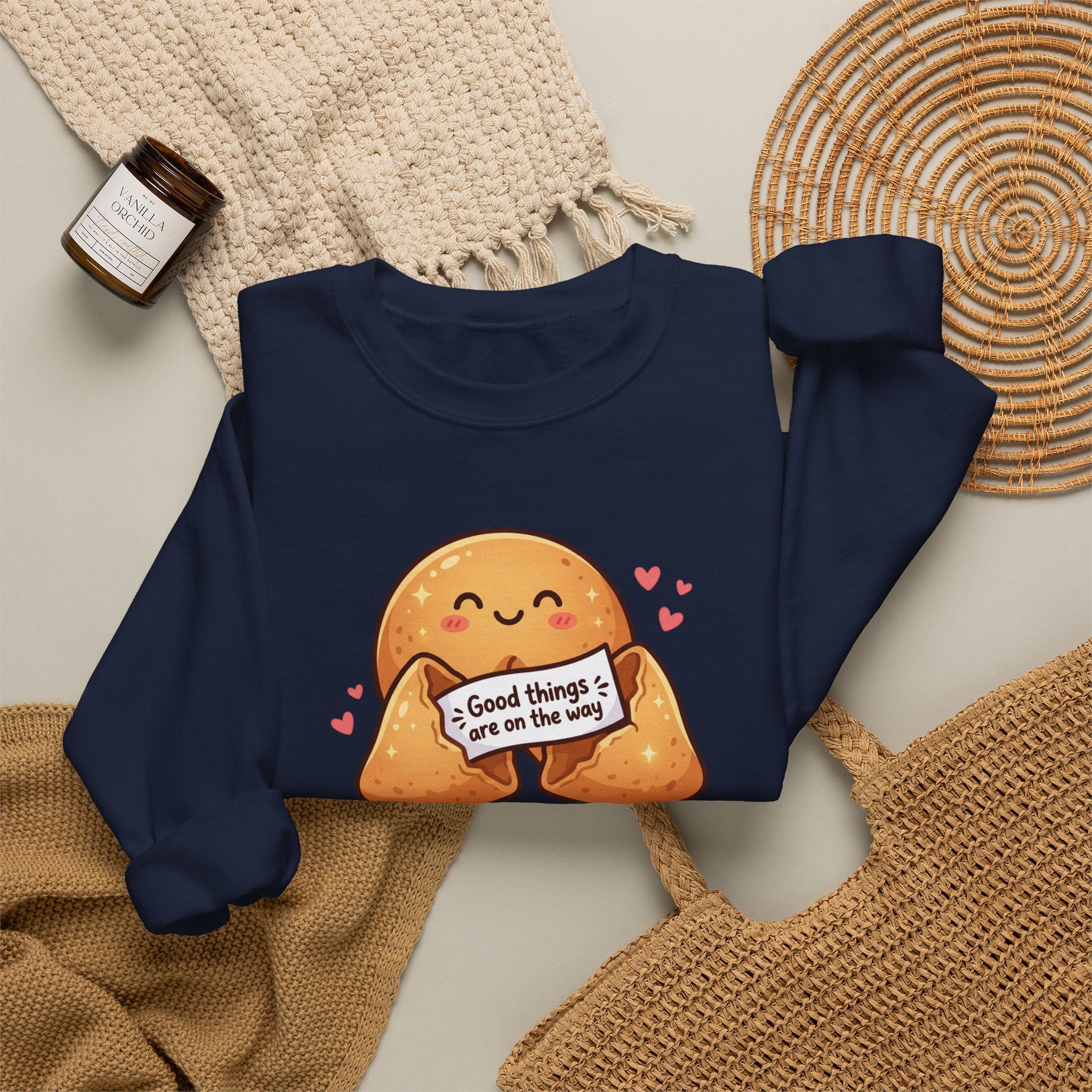 Crewneck Sweatshirt — Cute Fortune Cookie Graphic “Good Things Are On The Way”