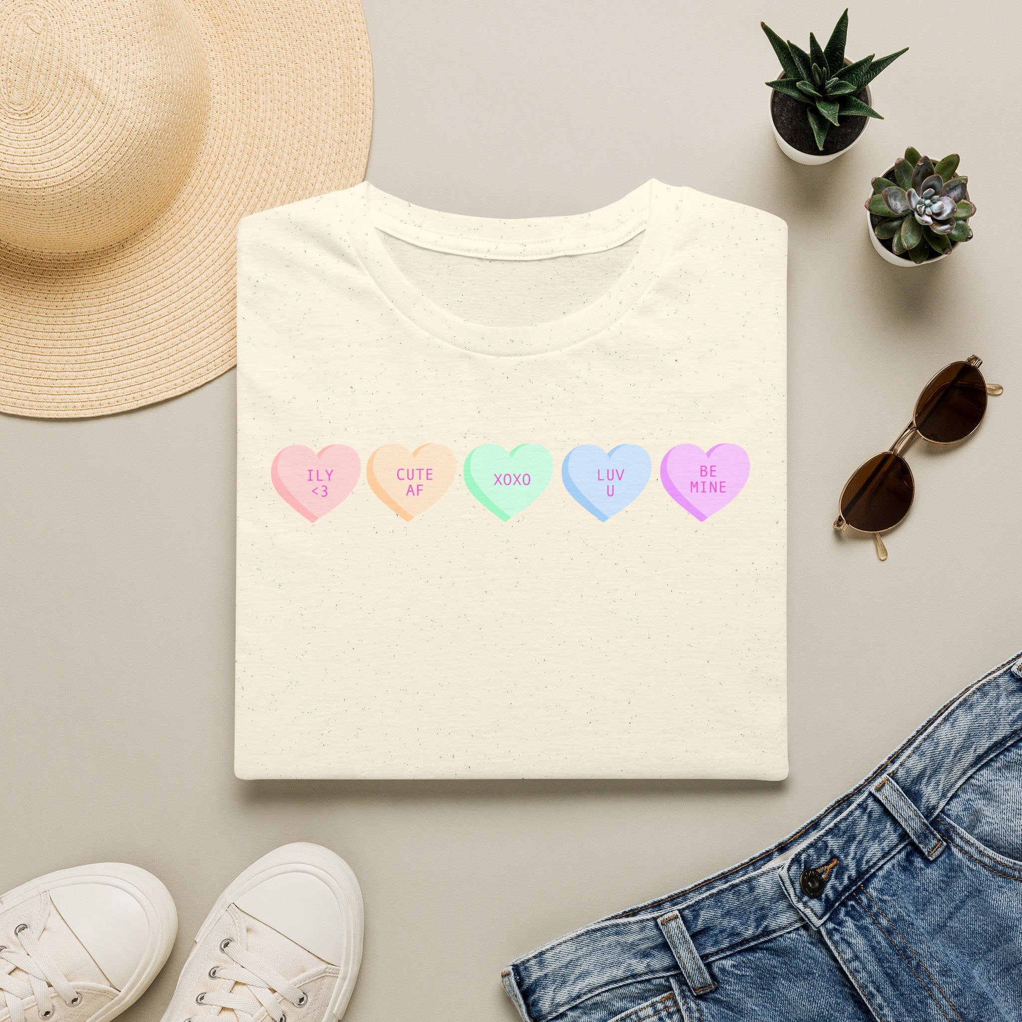 Conversation Heart Candy T-Shirt — Pastel ‘Be Mine, Cute AF, XOXO, Luv U’ Graphic