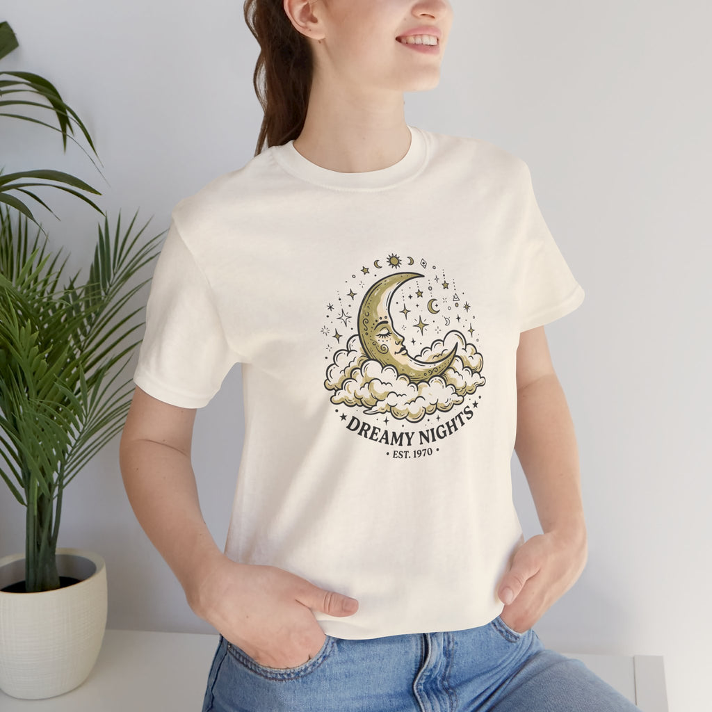 Dreamy Nights Moon Tee — Vintage Crescent Moon & Clouds Shirt