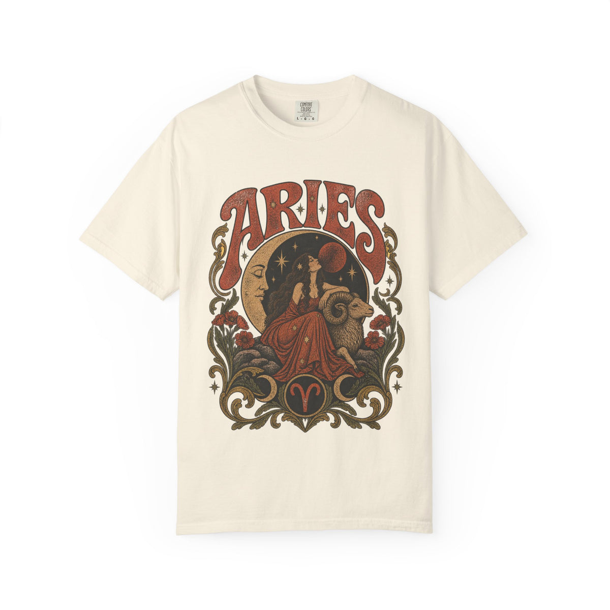 Aries Zodiac T‑Shirt — Vintage Moon & Ram Astrology Tee