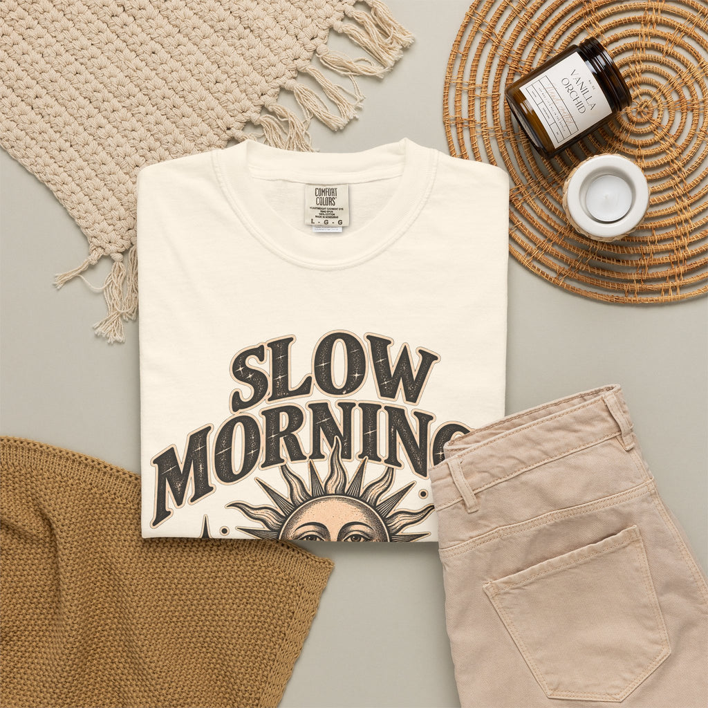 Slow Mornings Tee — Retro Sunrise Garment-Dyed Graphic T-Shirt
