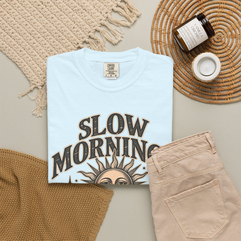 Slow Mornings Tee — Retro Sunrise Garment-Dyed Graphic T-Shirt