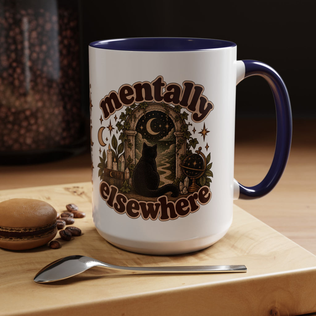 Mentally Elsewhere Mug — Black Cat Celestial Ceramic Coffee Mug