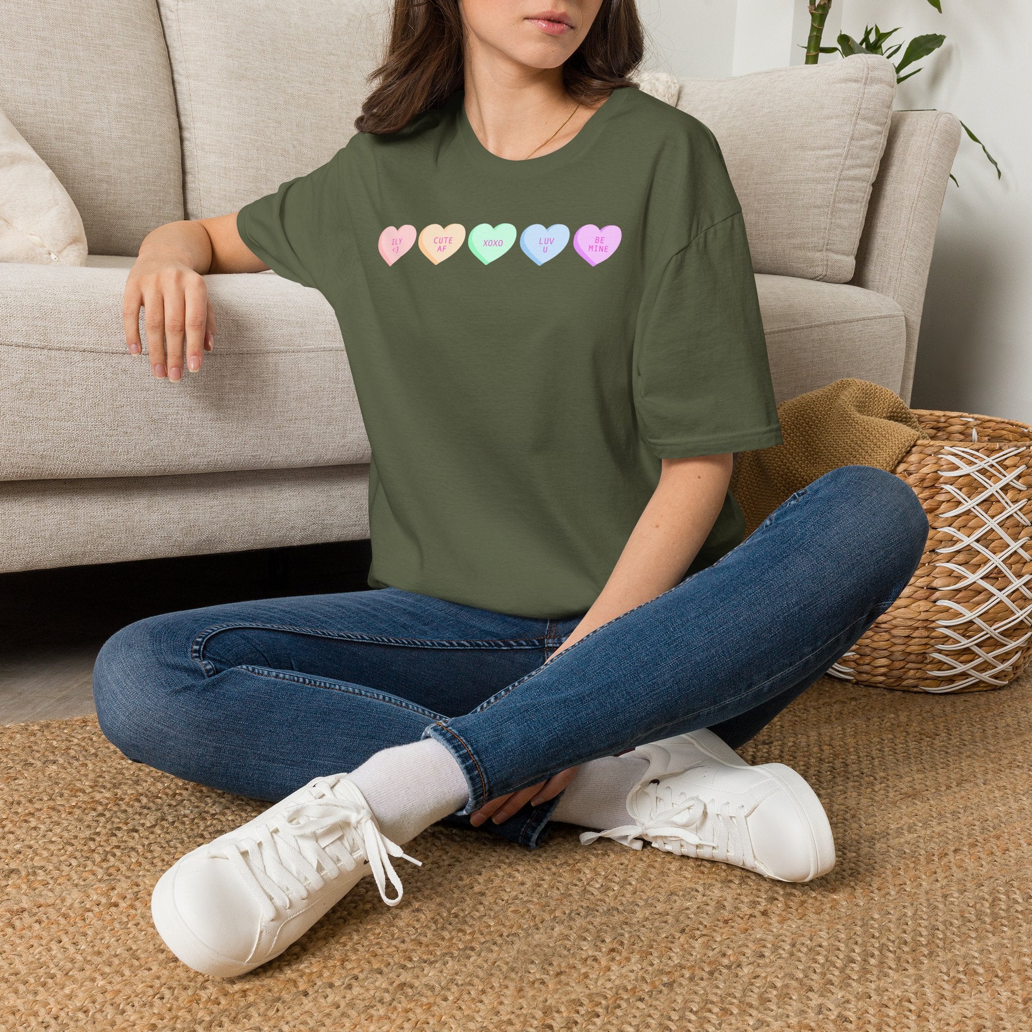 Conversation Heart Candy T-Shirt — Pastel ‘Be Mine, Cute AF, XOXO, Luv U’ Graphic