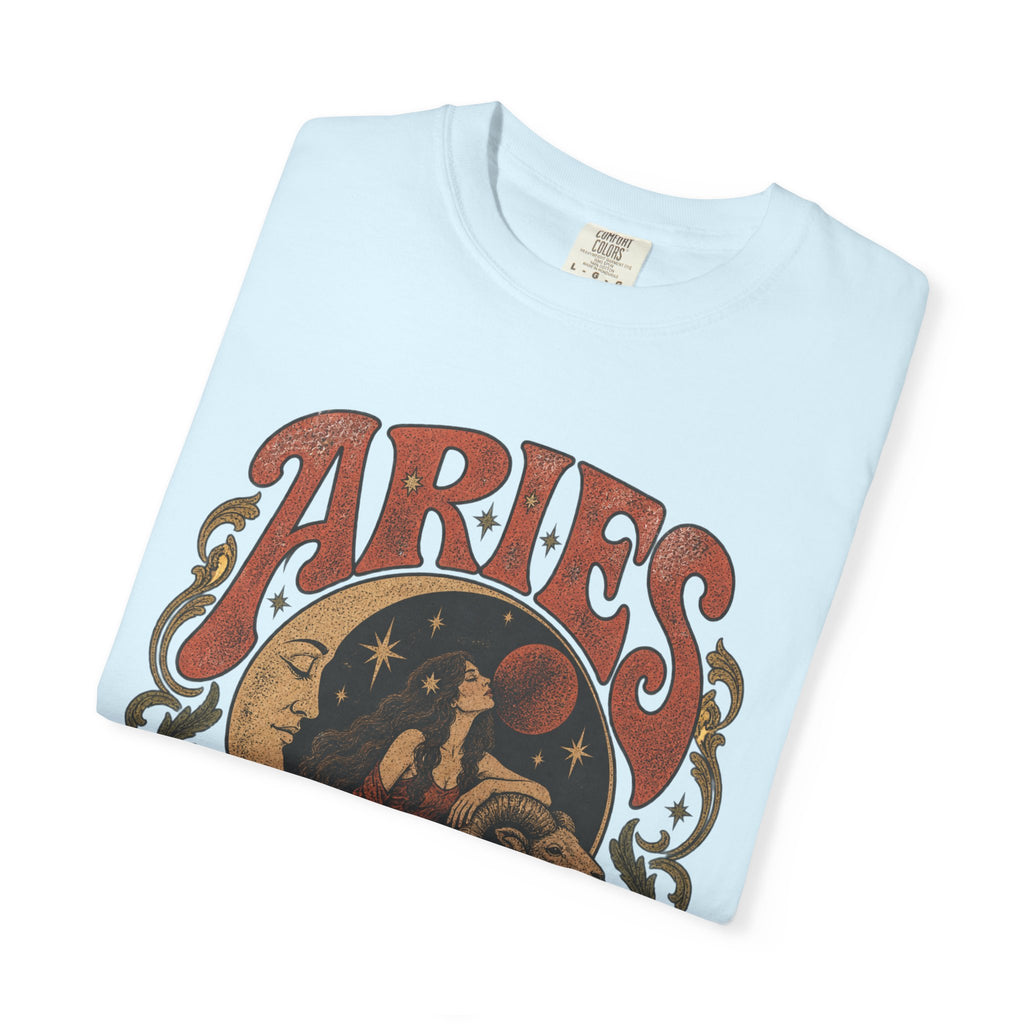 Aries Zodiac T‑Shirt — Vintage Moon & Ram Astrology Tee