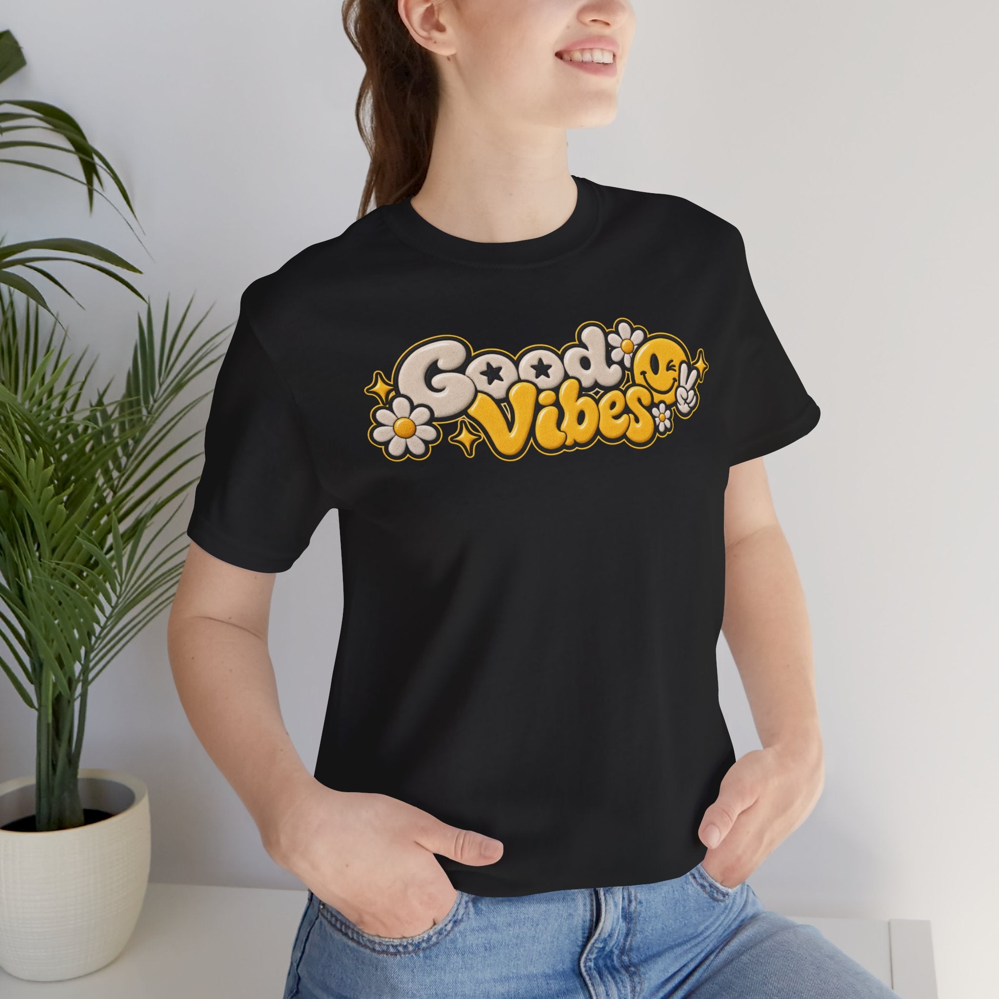 Good Vibes Retro Tee — Smiley Flower Graphic T-Shirt
