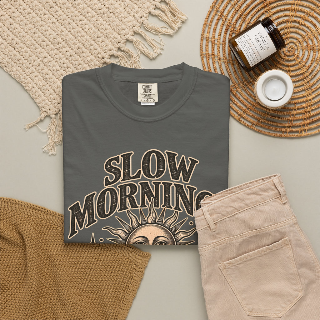 Slow Mornings Tee — Retro Sunrise Garment-Dyed Graphic T-Shirt