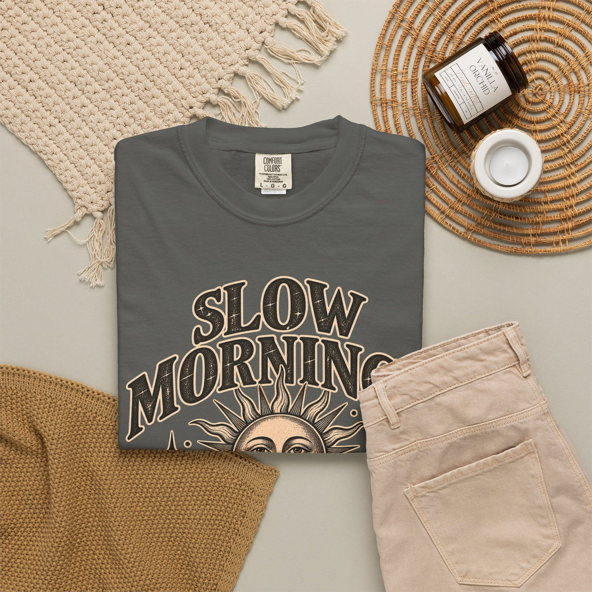 Slow Mornings Tee — Retro Sunrise Garment-Dyed Graphic T-Shirt