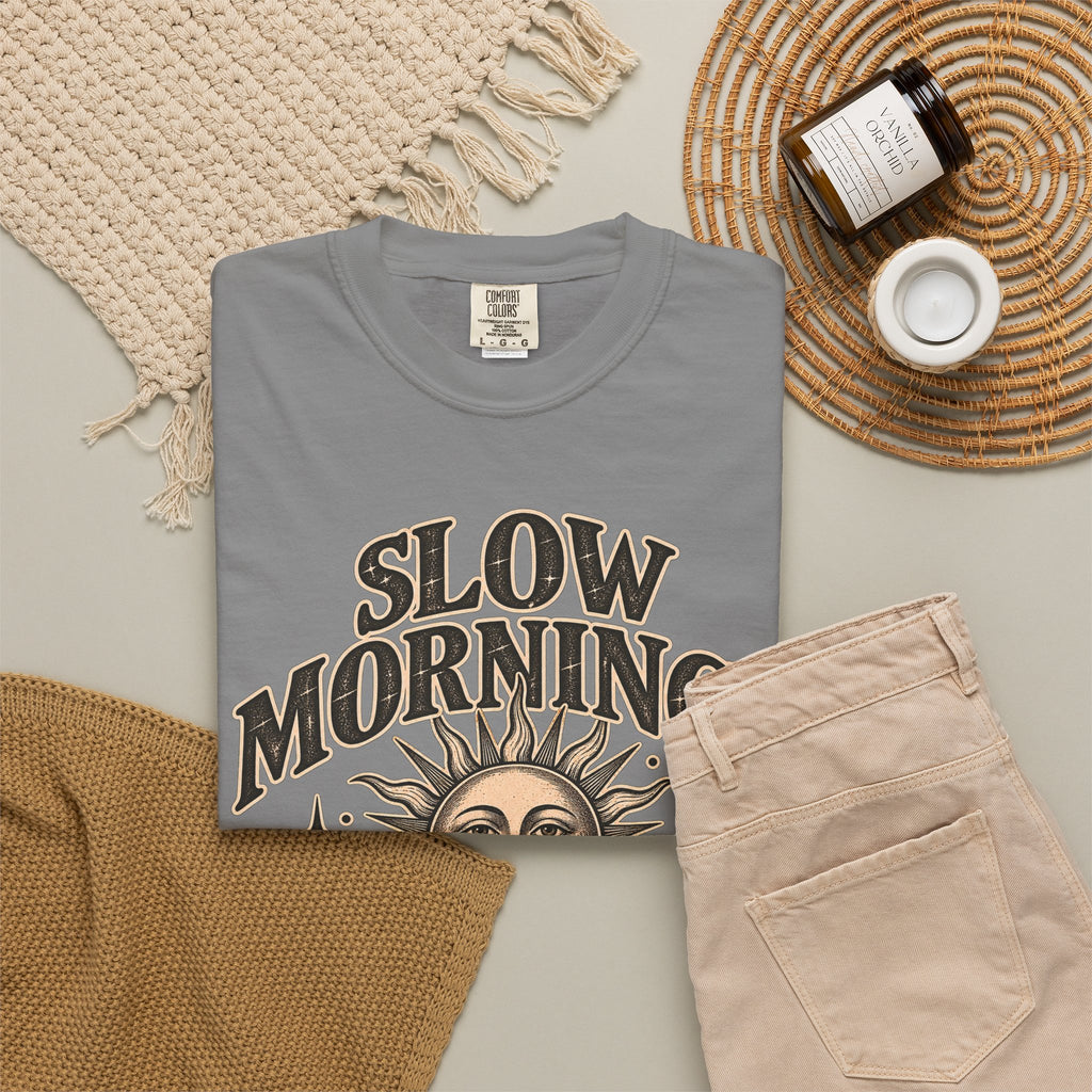 Slow Mornings Tee — Retro Sunrise Garment-Dyed Graphic T-Shirt