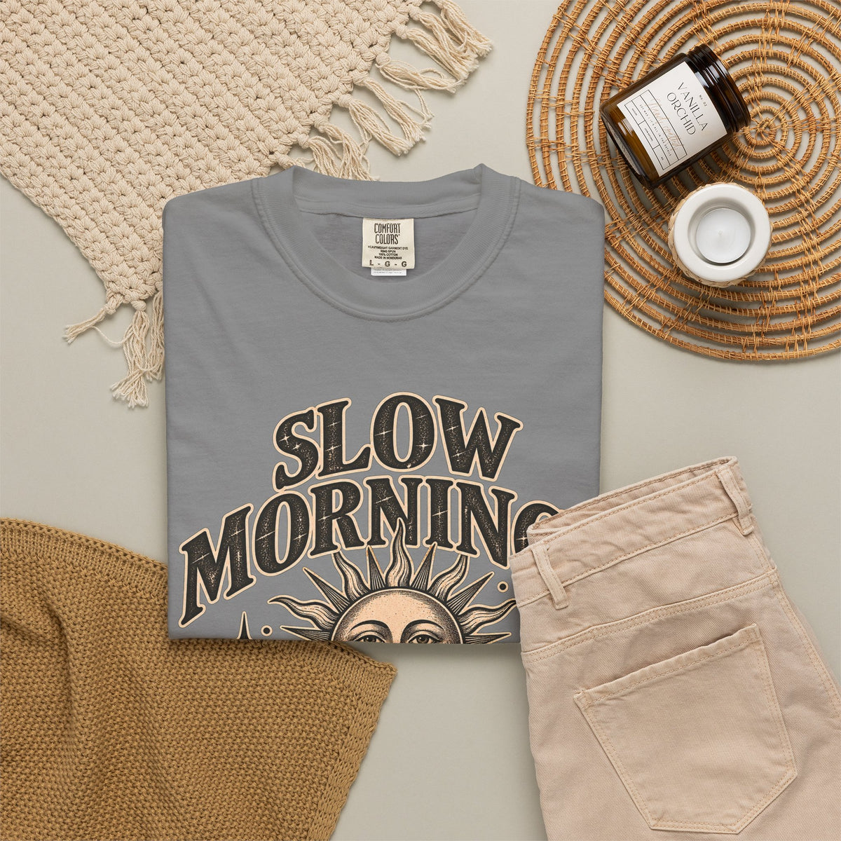 Slow Mornings Tee — Retro Sunrise Garment-Dyed Graphic T-Shirt