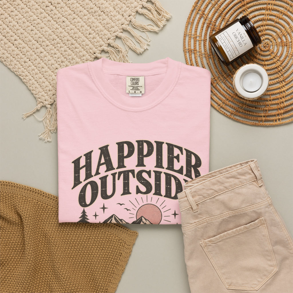 Happier Outside Tee — Nature Lover Graphic Garment-Dyed T-Shirt