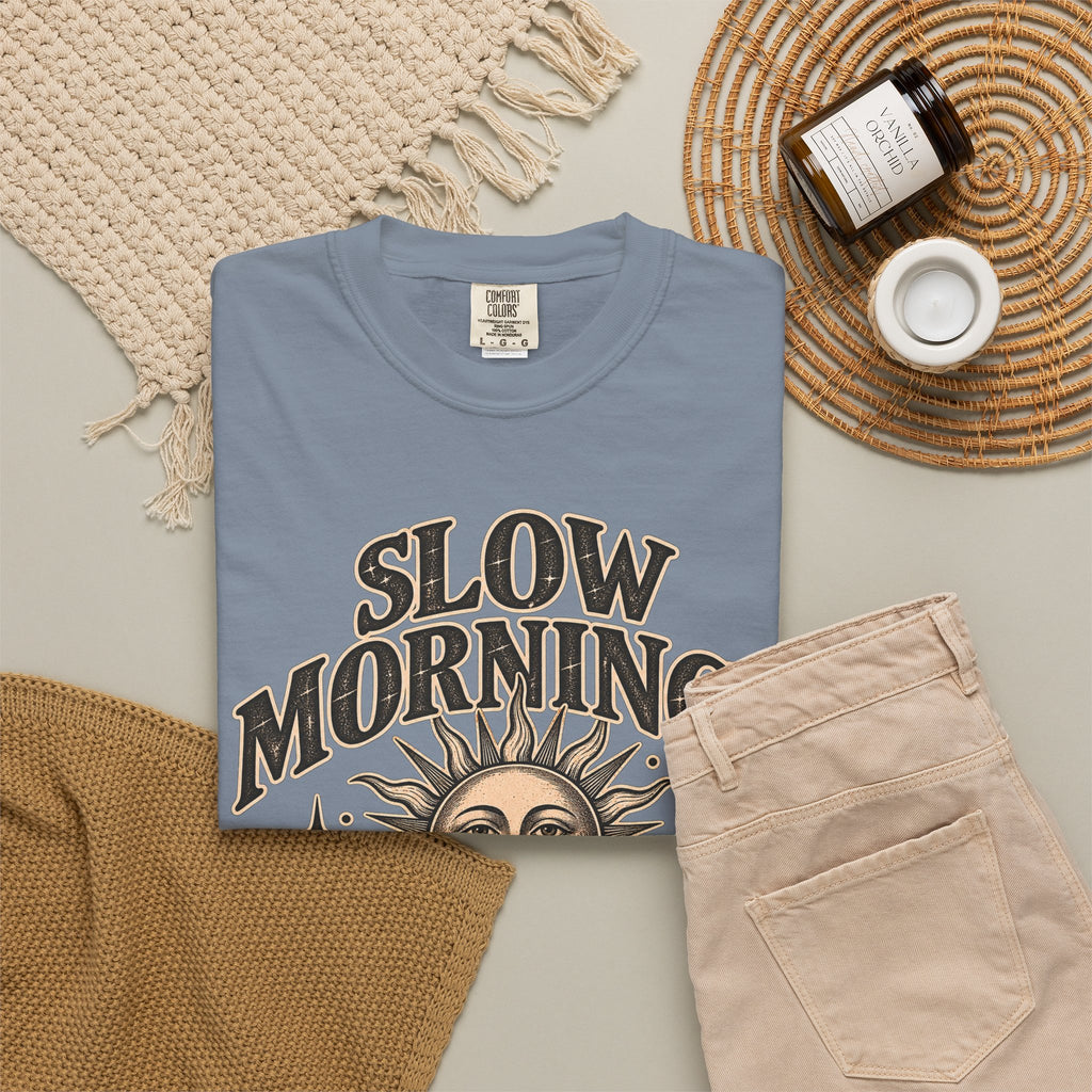 Slow Mornings Tee — Retro Sunrise Garment-Dyed Graphic T-Shirt